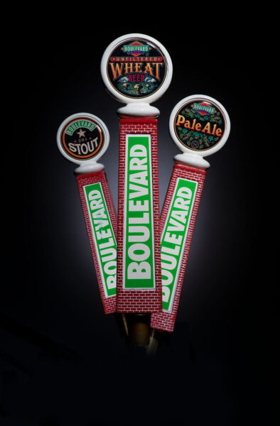 Boulevard Brewing tap handles showing Unfiltered Wheat, Pale Ale and Dry Stout